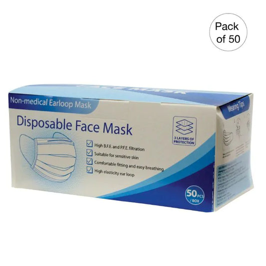 Blue Disposable Face Masks, Non-Medical, 3-Ply Case of 50