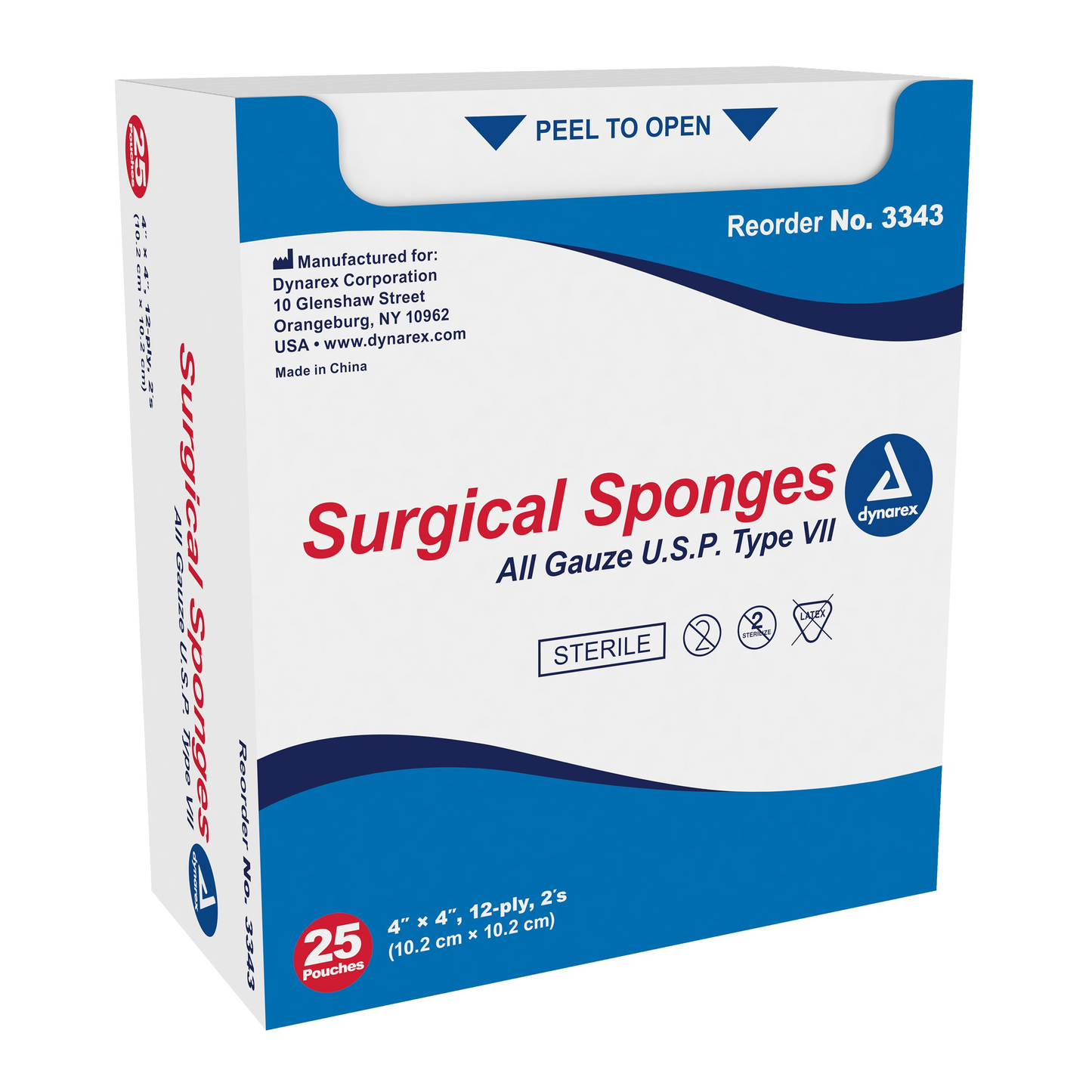 Dynarex® Gauze Sponge, Sterile, 12-ply, 4” x 4” BX/25