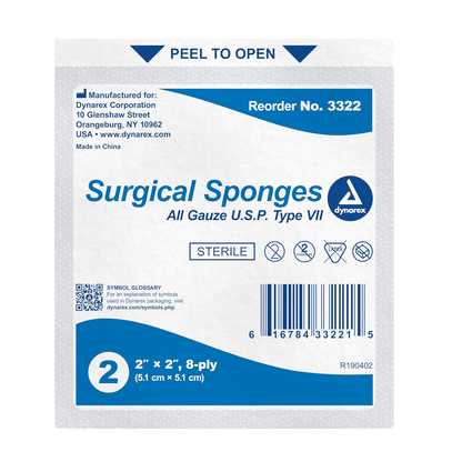 Dynarex® Gauze Sponge, Sterile, 2" x 2", 8-ply BX/50