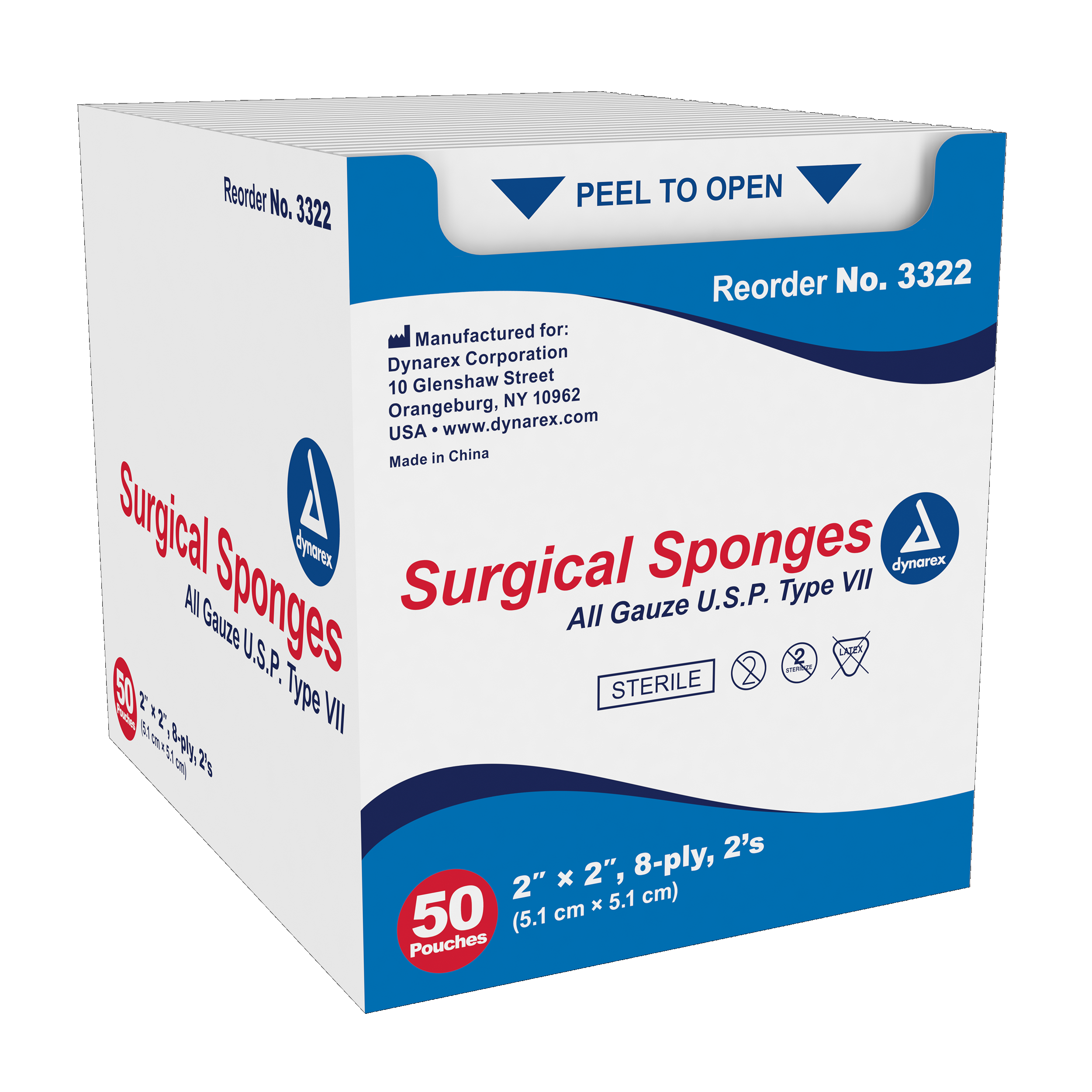 Dynarex® Gauze Sponge, Sterile, 2" x 2", 8-ply BX/50