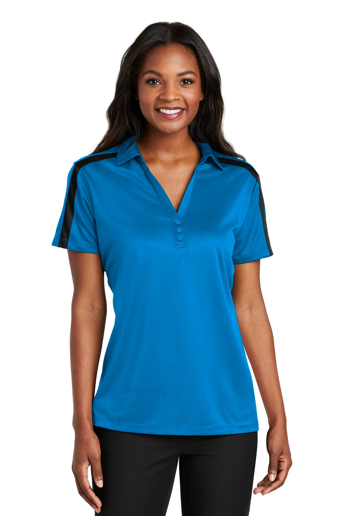 Port Authority- Port Authority® Women's Silk Touch™ Performance Colorblock Stripe Polo. L547-Medtech- 2