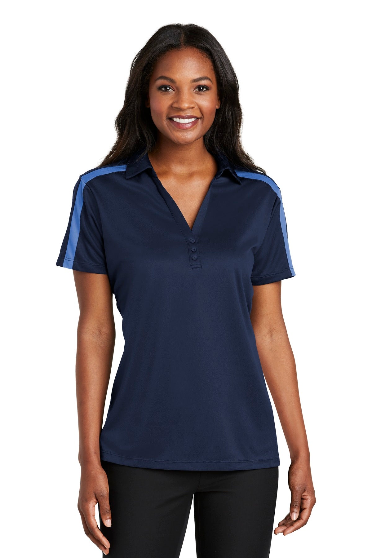 Port Authority- Port Authority® Women's Silk Touch™ Performance Colorblock Stripe Polo. L547-Medtech- 4